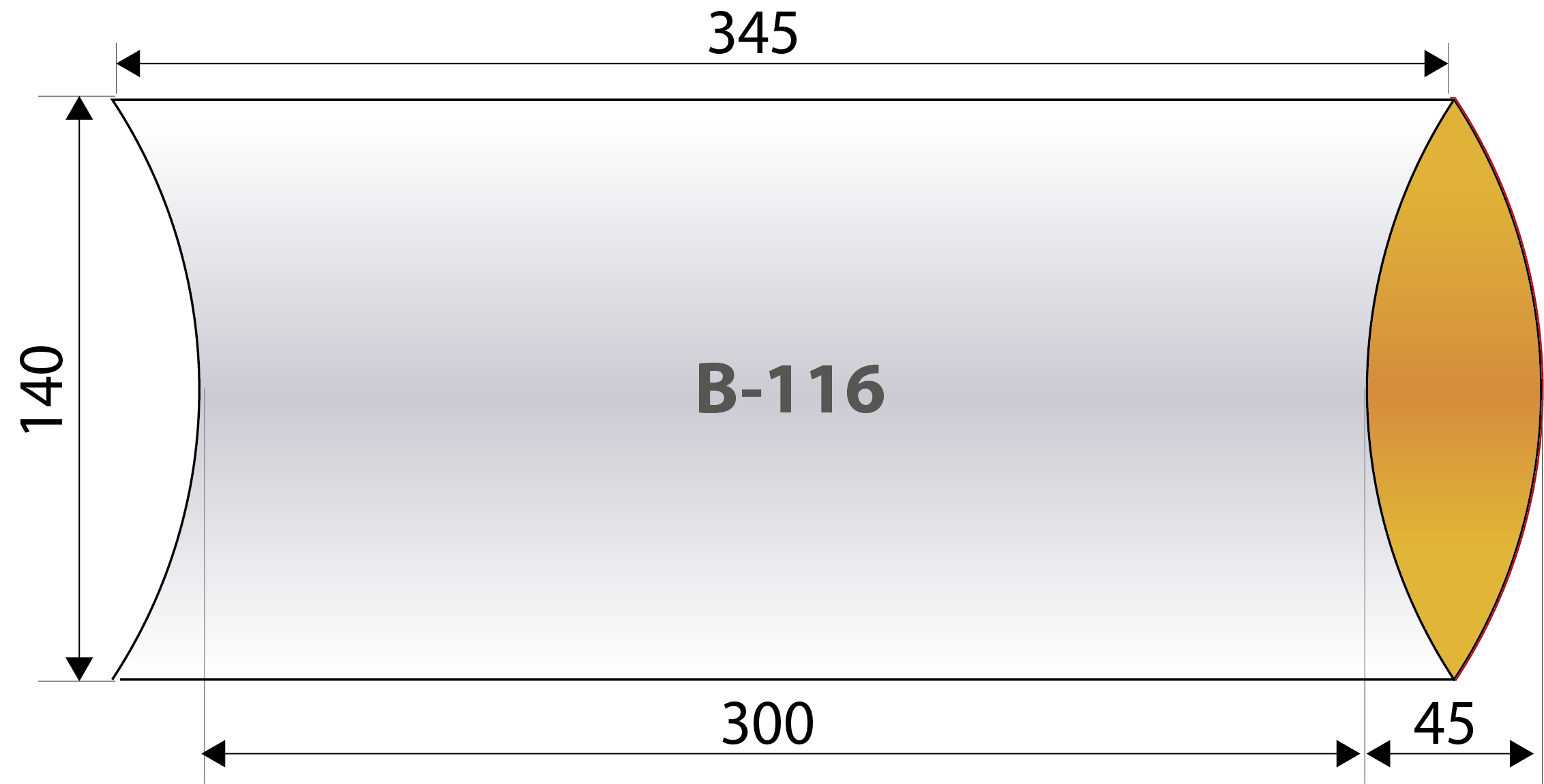 Схема с размерами упаковки пирожка арт. B-116 в мм